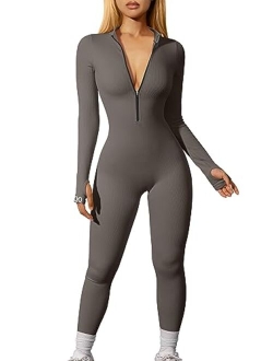 Women Yoga Jumpsuits Workout Ribbed Long Sleeve Zip Front Sport Jumpsuits