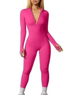 Women Yoga Jumpsuits Workout Ribbed Long Sleeve Zip Front Sport Jumpsuits