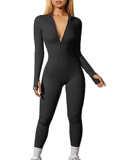 OQQ Women Yoga Jumpsuits Workout Ribbed Long Sleeve Zip Front Sport Jumpsuits