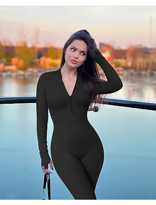 OQQ Women Yoga Jumpsuits Workout Ribbed Long Sleeve Zip Front Sport Jumpsuits