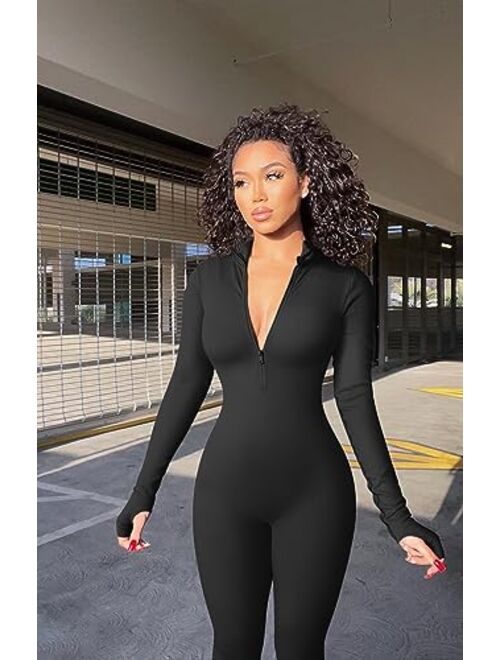 OQQ Women Yoga Jumpsuits Workout Ribbed Long Sleeve Zip Front Sport Jumpsuits