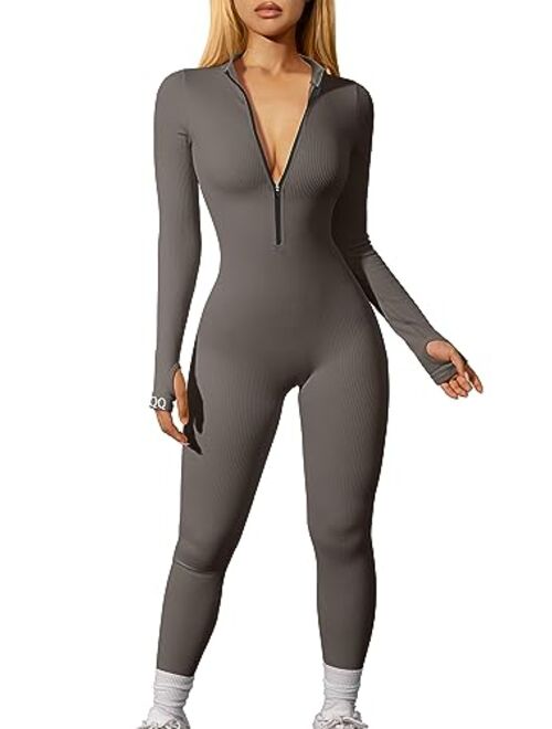 OQQ Women Yoga Jumpsuits Workout Ribbed Long Sleeve Zip Front Sport Jumpsuits