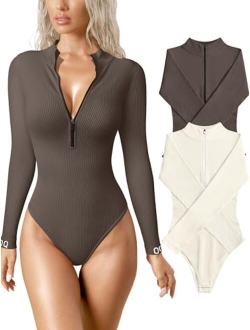 Women's 2 Piece Bodysuits Sexy Ribbed One Piece Zip Front Long Sleeve Tops Bodysuits