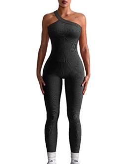 Women Yoga Jumpsuits Workout Ribbed One Shoulder One Piece Sport Jumpsuits