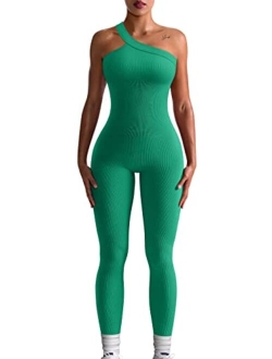 Women Yoga Jumpsuits Workout Ribbed One Shoulder One Piece Sport Jumpsuits