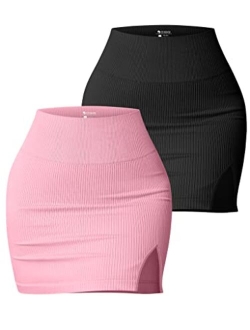 Women's 2 Piece Skirts Basic Casual Versatile Stretchy Ribbed Split High Waist Mini Skirt