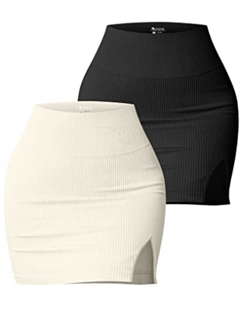 OQQ Women's 2 Piece Skirts Basic Casual Versatile Stretchy Ribbed Split High Waist Mini Skirt