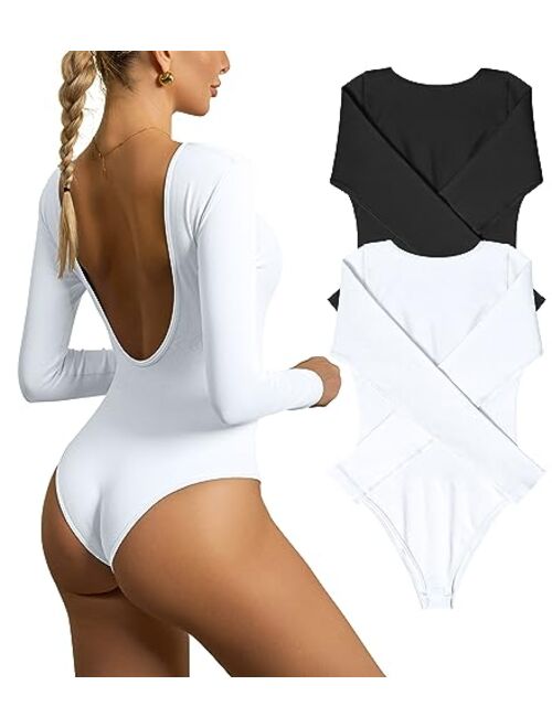 OQQ Women's 2 Piece Bodysuits Sexy Backless Round Neck Long Sleeve Ribbed Tops Bodysuits