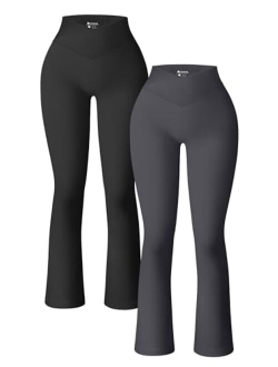 Women's 2 Piece Yoga Pants Ribbed Seamless Workout High Waist Cross Over Bell Bottoms Exercise Flare Leggings