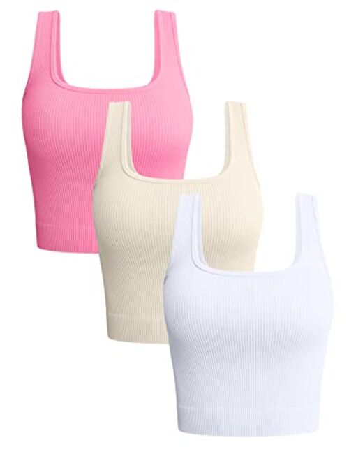 OQQ Women's 3 Piece Tank Tops Ribbed Seamless Workout Exercise Shirts Yoga Crop Tops