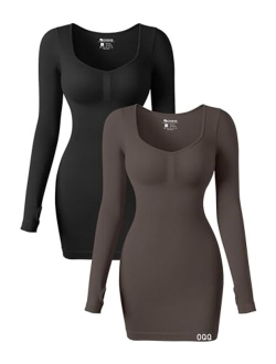 Women's 2 Piece Dresses Sexy Ribbed Long Sleeve Heart Neckline Tops Tummy Control Mini Dress