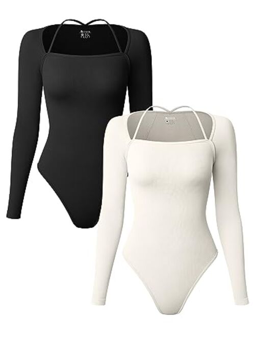 OQQ Women's 2 Piece Bodysuits Sexy Ribbed One Piece Long Sleeve Tops Bodysuits