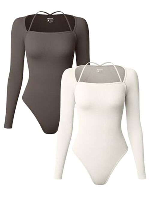 OQQ Women's 2 Piece Bodysuits Sexy Ribbed One Piece Long Sleeve Tops Bodysuits