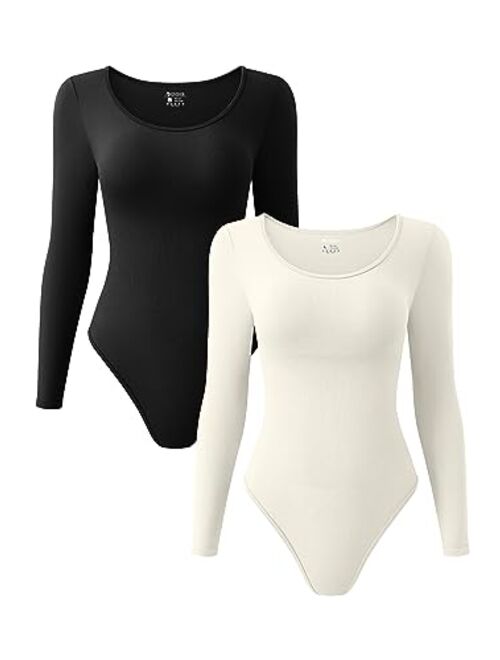 OQQ Women's 2 Piece Bodysuits Sexy Ribbed One Piece Long Sleeve Crew Neck Tops Bodysuits