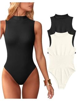 Women's 2 Piece Bodysuits Sexy Ribbed Sleeveless High Neck Tank Tops Bodysuits