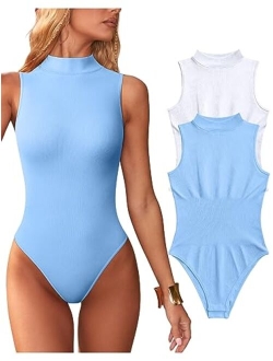 Women's 2 Piece Bodysuits Sexy Ribbed Sleeveless High Neck Tank Tops Bodysuits