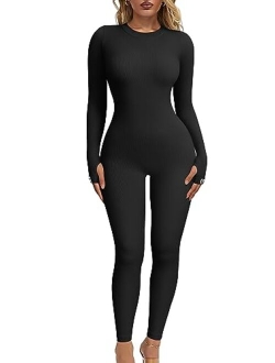 Womens Yoga Jumpsuits Ribbed Long Sleeve Crew Neck Tops Sport Jumpsuits