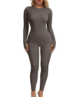 Womens Yoga Jumpsuits Ribbed Long Sleeve Crew Neck Tops Sport Jumpsuits