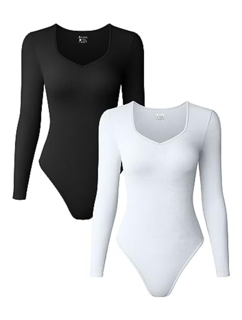 OQQ Women's 2 Piece Bodysuits Sexy Ribbed One Piece Long Sleeve Sweetheart V Neck Tops Bodysuits