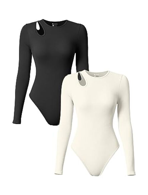 OQQ Women's 2 Piece Bodysuits Sexy Ribbed Round Neck Long Sleeve Shoulder Hollowed Out Tops Bodysuits