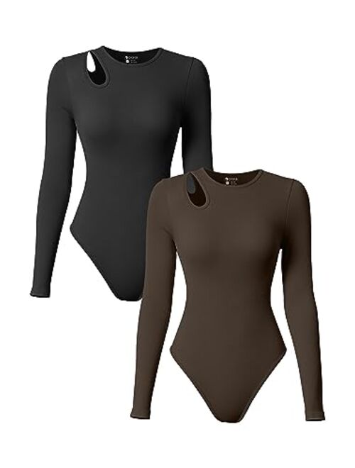 OQQ Women's 2 Piece Bodysuits Sexy Ribbed Round Neck Long Sleeve Shoulder Hollowed Out Tops Bodysuits