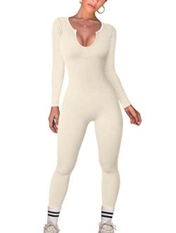 Women Yoga Jumpsuits Workout Ribbed One Piece Long Sleeve Exercise Sport Jumpsuits