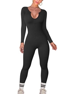 Women Yoga Jumpsuits Workout Ribbed One Piece Long Sleeve Exercise Sport Jumpsuits