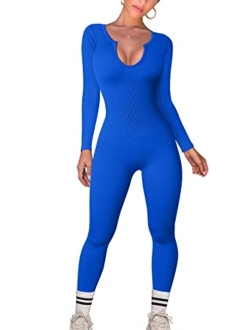 Women Yoga Jumpsuits Workout Ribbed One Piece Long Sleeve Exercise Sport Jumpsuits