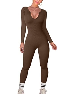 Women Yoga Jumpsuits Workout Ribbed One Piece Long Sleeve Exercise Sport Jumpsuits