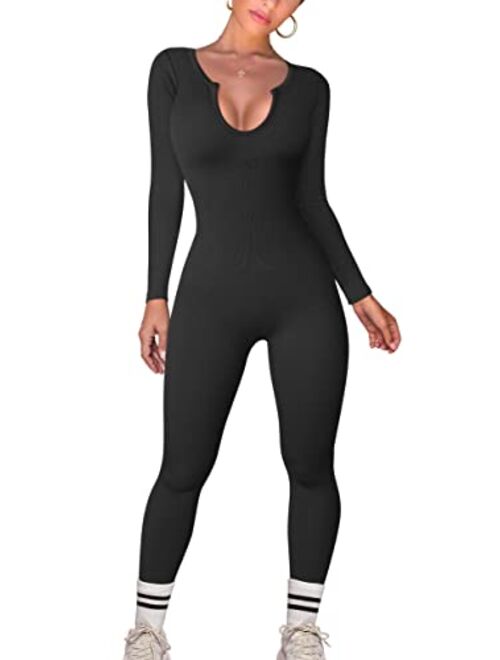 OQQ Women Yoga Jumpsuits Workout Ribbed One Piece Long Sleeve Exercise Sport Jumpsuits