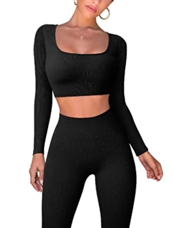 Workout Outfits for Women 2 Piece Ribbed Exercise Long Sleeve Tops High Waist Leggings Active Yoga Set