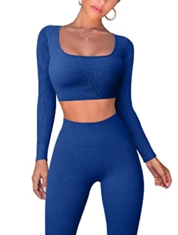 Workout Outfits for Women 2 Piece Ribbed Exercise Long Sleeve Tops High Waist Leggings Active Yoga Set