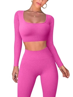 Workout Outfits for Women 2 Piece Ribbed Exercise Long Sleeve Tops High Waist Leggings Active Yoga Set