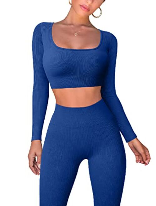 OQQ Workout Outfits for Women 2 Piece Ribbed Exercise Long Sleeve Tops High Waist Leggings Active Yoga Set