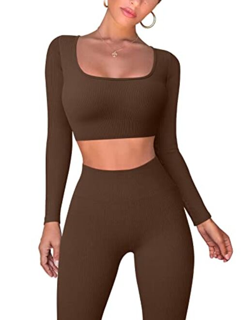 OQQ Workout Outfits for Women 2 Piece Ribbed Exercise Long Sleeve Tops High Waist Leggings Active Yoga Set