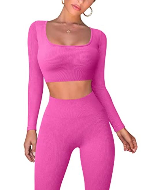 OQQ Workout Outfits for Women 2 Piece Ribbed Exercise Long Sleeve Tops High Waist Leggings Active Yoga Set