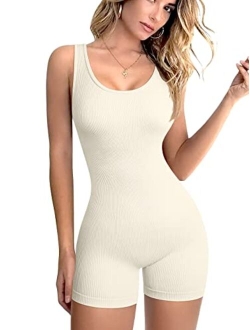 Women's Yoga Rompers Ribbed Round Neck Sleeveless Tank Tops Exercise Romper