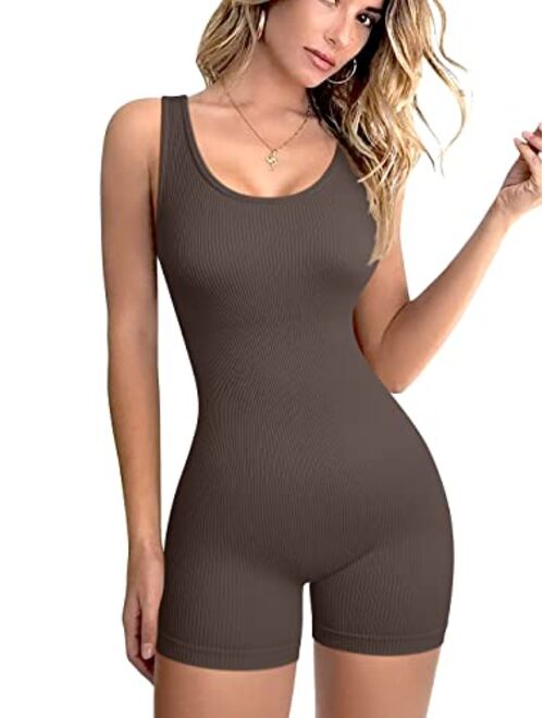 OQQ Women's Yoga Rompers Ribbed Round Neck Sleeveless Tank Tops Exercise Romper