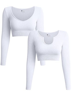 Women's 2 Piece Crop Top Ribbed Seamless Workout Exercise Yoga Basic Long Sleeve Crop Tops