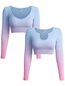 Women's 2 Piece Crop Top Ribbed Seamless Workout Exercise Yoga Basic Long Sleeve Crop Tops