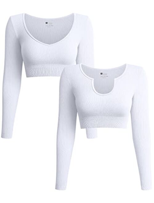 OQQ Women's 2 Piece Crop Top Ribbed Seamless Workout Exercise Yoga Basic Long Sleeve Crop Tops