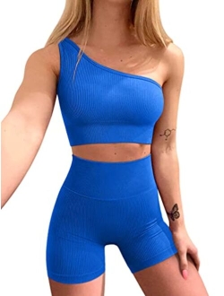 Workout Outfits for Women 2 Piece Ribbed One Shoulder High Waist Shorts With Sports Bra Exercise Set