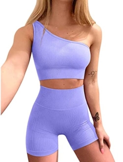 Workout Outfits for Women 2 Piece Ribbed One Shoulder High Waist Shorts With Sports Bra Exercise Set