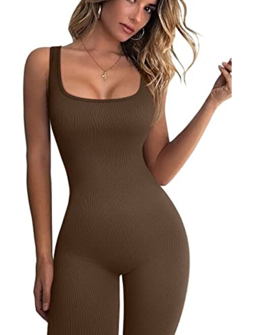 OQQ Women's Yoga Jumpsuits Ribbed One Piece Tank Tops Rompers Sleeveless Exercise Jumpsuits