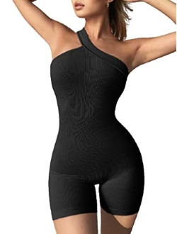 Women's Yoga Rompers Ribbed One Piece Tummy Control Jumpsuit One Shoulder Romper