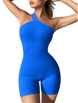Women's Yoga Rompers Ribbed One Piece Tummy Control Jumpsuit One Shoulder Romper