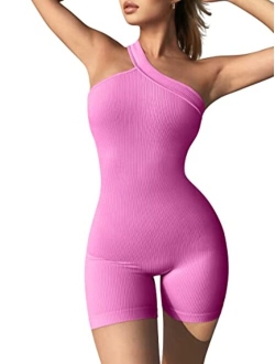 Women's Yoga Rompers Ribbed One Piece Tummy Control Jumpsuit One Shoulder Romper