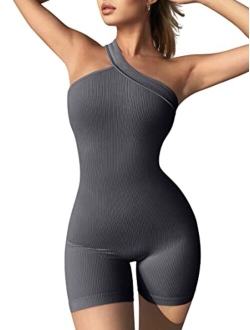 Women's Yoga Rompers Ribbed One Piece Tummy Control Jumpsuit One Shoulder Romper