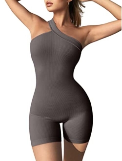 Women's Yoga Rompers Ribbed One Piece Tummy Control Jumpsuit One Shoulder Romper