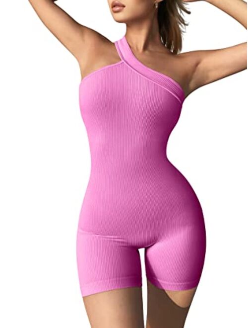 OQQ Women's Yoga Rompers Ribbed One Piece Tummy Control Jumpsuit One Shoulder Romper